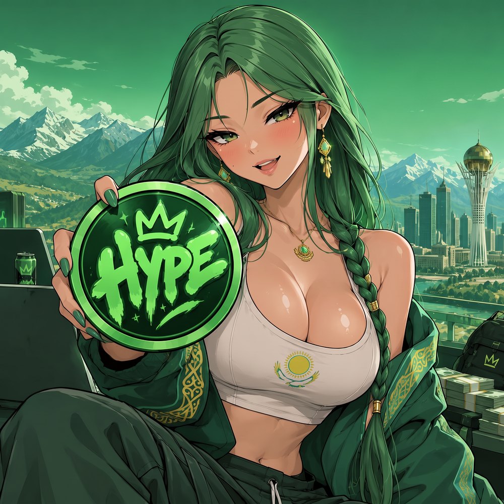 The Princess: green-haired woman holding a green HYPE coin, Almaty mountains behind her